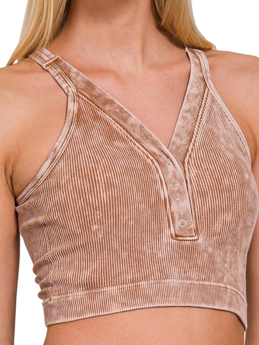Washed Ribbed Seamless Button V-Neck Tank Top in Deep Camel